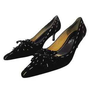 y2k Vintage Ramon Tenza Brown Suede Cream Pointed Toe Heels Flower Size 8.5